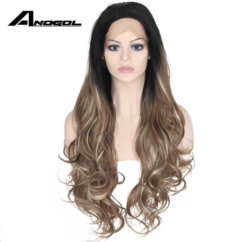 Mixed Blonde Anogol Омбре коричневый блонд цвет кружево часть синтетические волосы парики с натуральной линии волос Средняя часть для черных американских женщин - Цвет: Mixed Blonde
