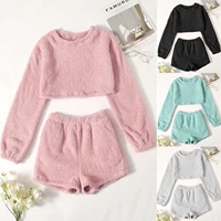 womens casual sweater set solid color home wear casual long sleeved top shorts free shipping womens casual sweater set 2 pie