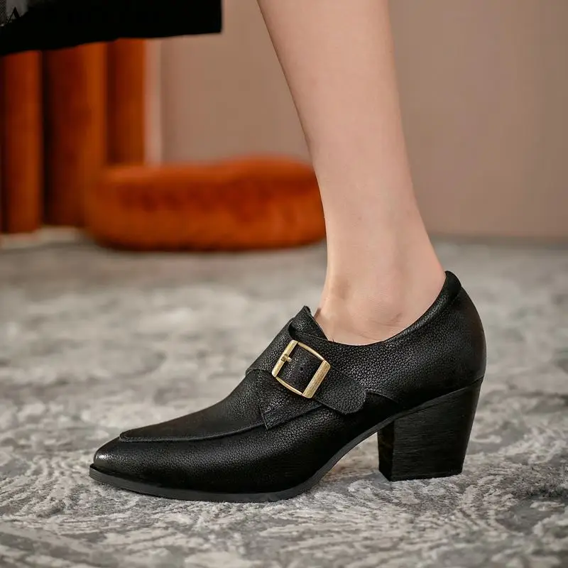 

ALLBITEFO size 34-42 natural genuine leather women heels shoes fashion casual high heel shoes women's high heels work shoes
