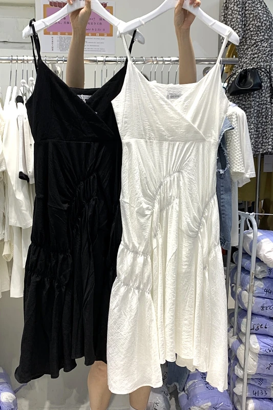 

White Pleated Elegant V-neck Strap Dress for Women 2021 Summer New Loose Sleeveless Beach Mid-Length Dress Female Club Wear
