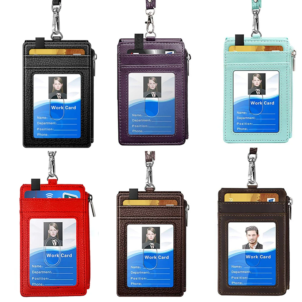 

PU Leather Creative Card Holder Employee ID Cover Name Tag Work Certificate Badge Coin Purse ID Card Case With Neck Lanyard