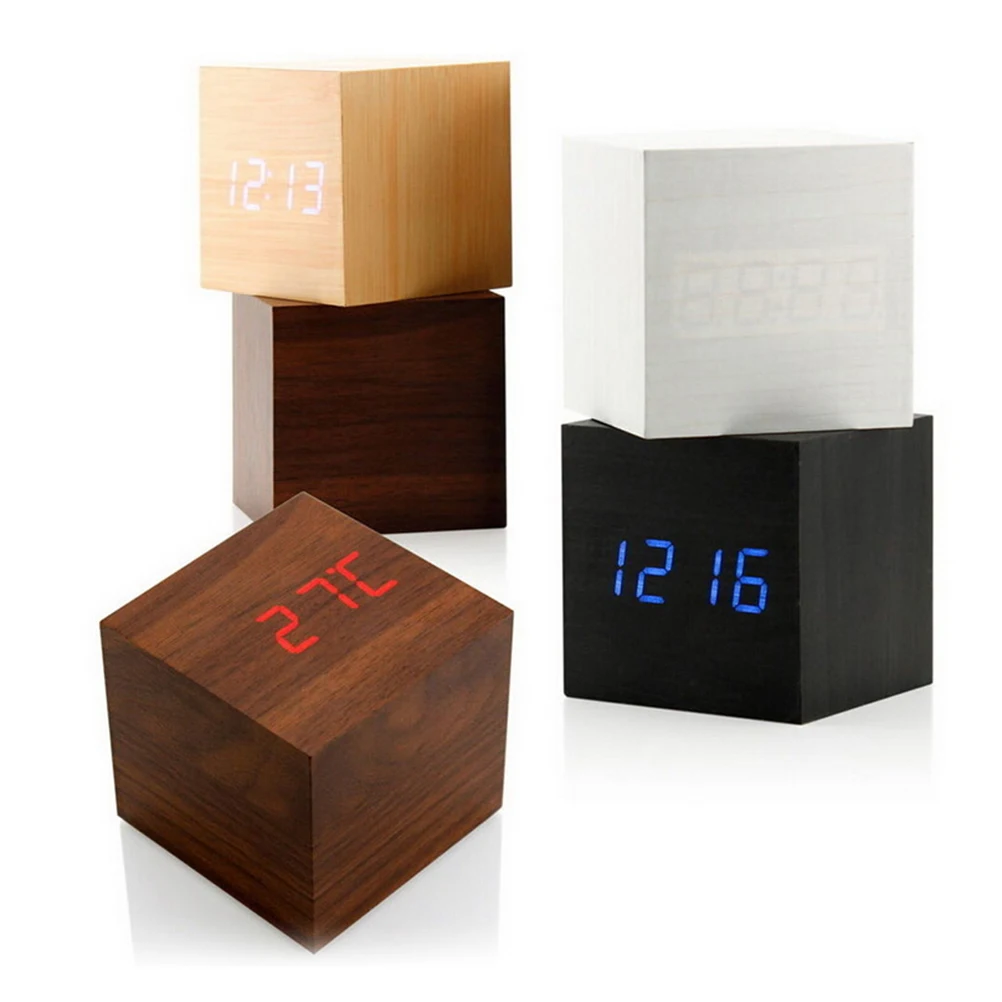 Деревянные часы Cube с голосовым управлением светодиодный цифровой будильник