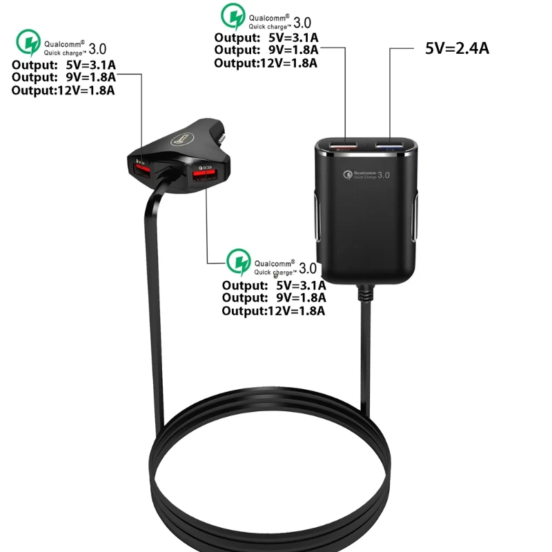 

4 USB QC 3.0 Car Charger Quick Charge Front/Back Seat Chargers Adapter Y98C