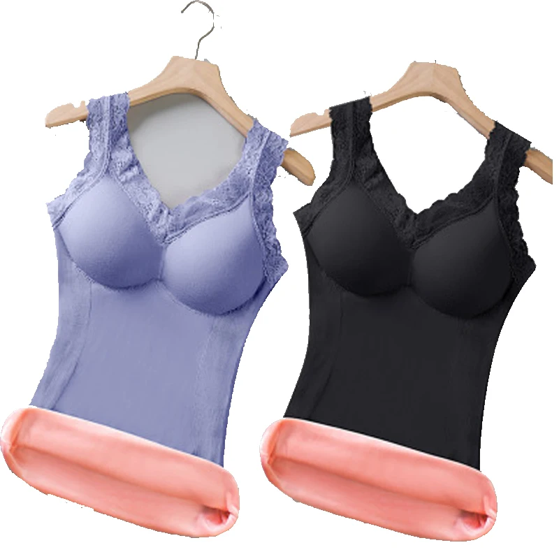 

Autumn Winter Hot Vest Plus Velvet Thickened Thermal Tank Top Feminine Feeling Lace Large Size Base Underwear Women