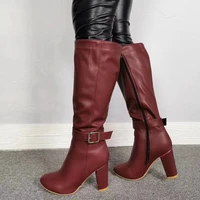 autumn large size 47 burgundy women knee high heel boots chunky block heels side buckle tall botas ladies leather shoes woman