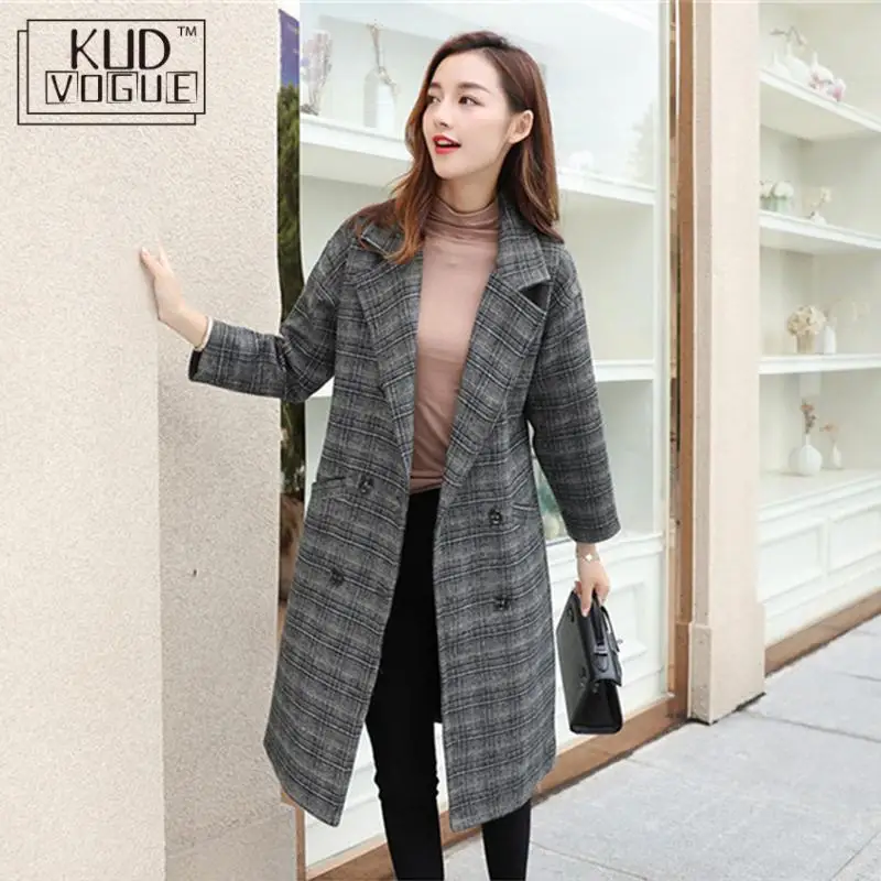 зимнее пальто женское в клетку Женская шерстяная куртка зимняя длинная
