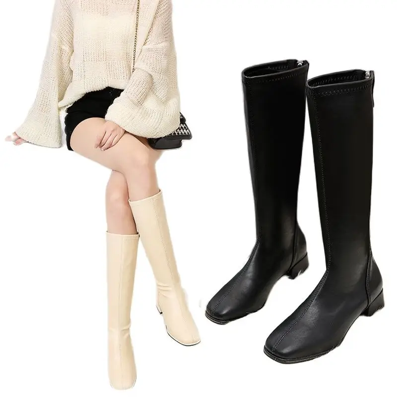 

2021 Newest Vogue Fashion Square Head Knight Boots Women Pumps Square Heel Patent Leather Long Bota Back Zipper Motorcycle Boots