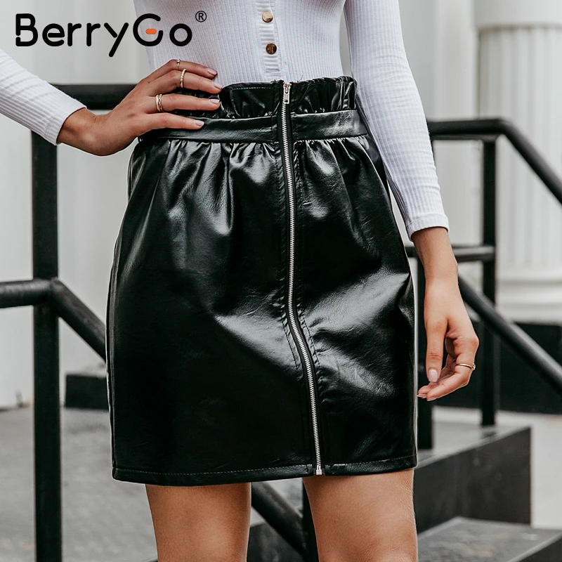 BerryGo гофрированная Женская юбка из искусственной кожи пикантные черные женские