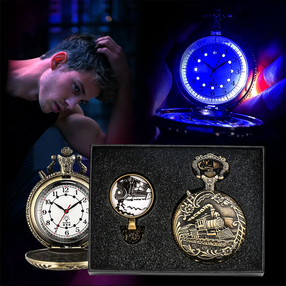 Pocket Watch Necklace Gift Set Luxury Luminous LED Quartz Pocket Watch Retro Bronze Steampunk Train Locomotive Engine Fob Watch
