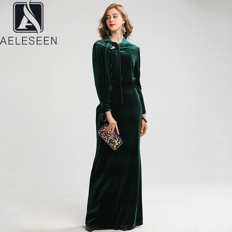 AELESEEN новинка 2020 высокое качество вельветовое а силуэт длинное платье для женщин