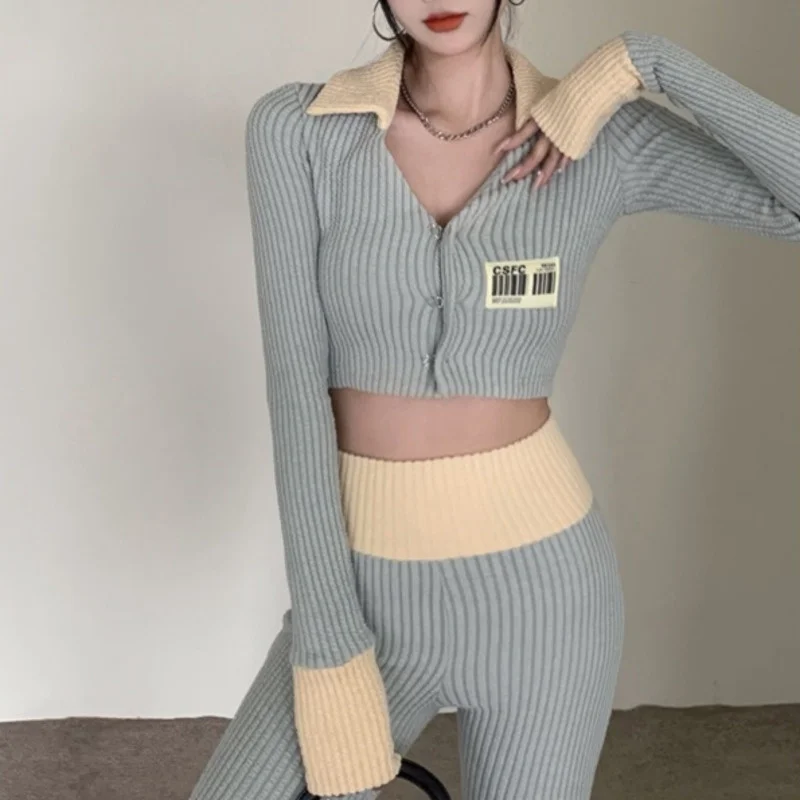 

Korean Fashion Simple Casual Two Piece Tracksuit Women Crop Top + Pants Suits Autumn Winter 2 Piece Pants Sets Trousers Suits