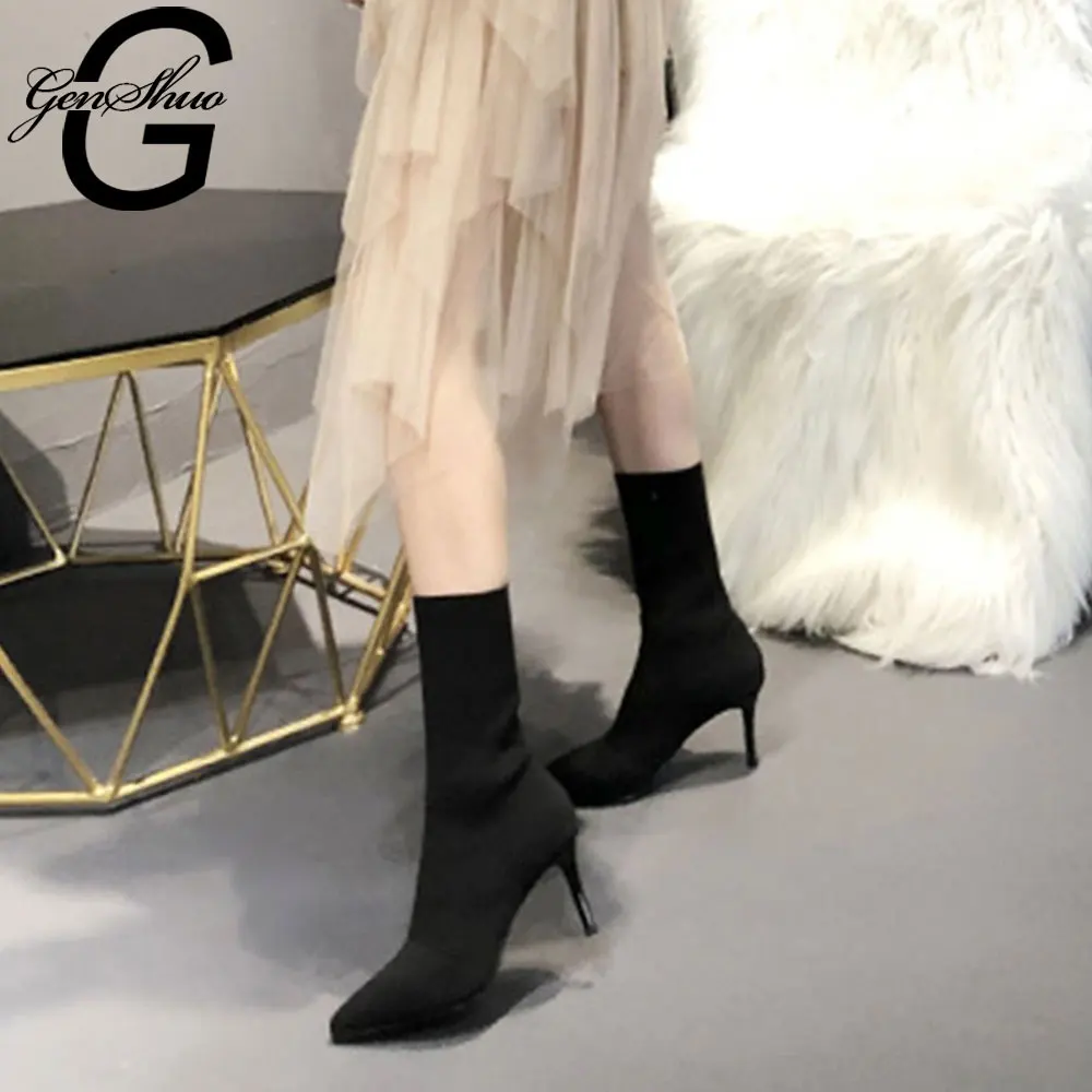 Женские Эластичные осенние ботинки GENSHUO Bota Feminina Mujer черные повседневные женские