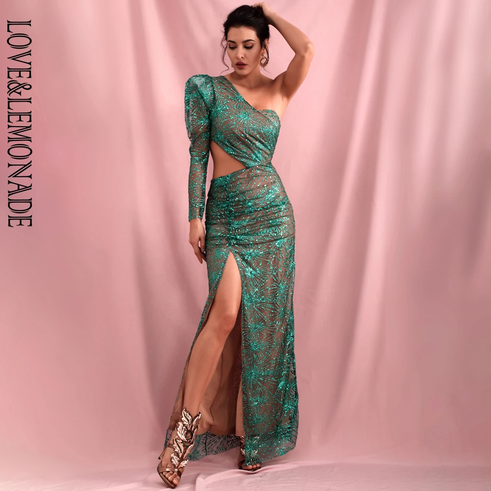 Женское платье макси LOVE &amp LEMONADE зеленое с открытыми плечами вырезом и разрезом в