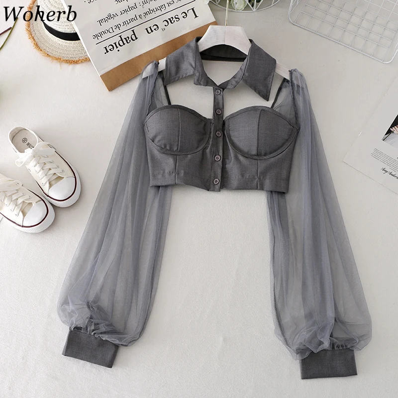 Блузка женская сетчатая с открытой спиной и рукавами-фонариками | Женская одежда