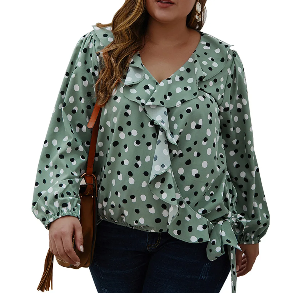 Женская рубашка с оборками Sagace Повседневная блуза в горошек длинными рукавами