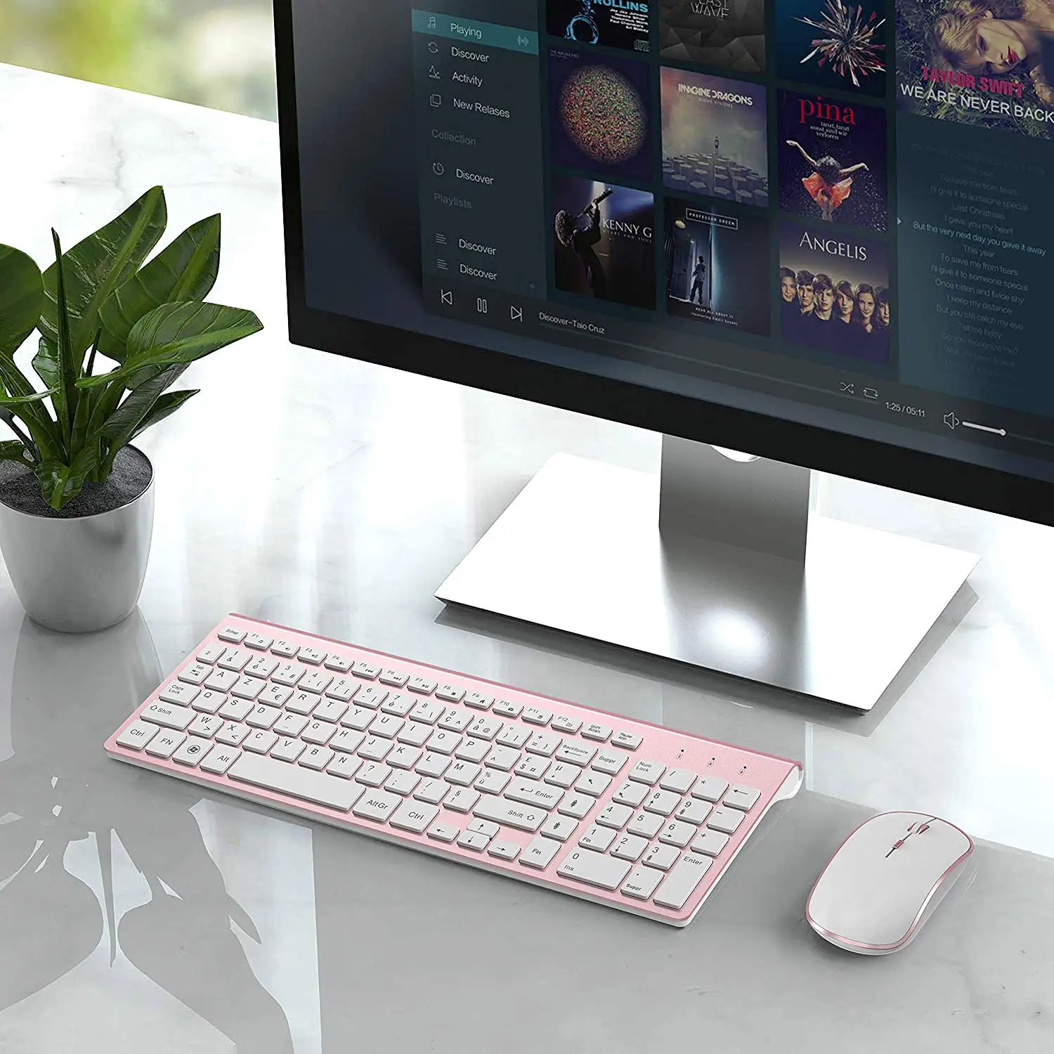 

French Keyboard Wireless 2400DPI Mouse 2.4Ghz Ultra-Slim AZERTY Keyboard Mouse Set, Portable Silent Ergonomic- Pink/silver
