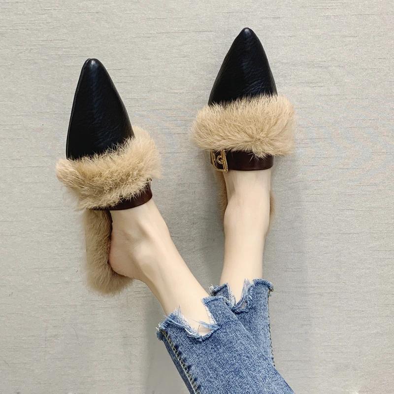 BeautyFeet/; женские летние меховые тапочки; женские плюшевые прозрачные сандалии из искусственного меха с квадратным носком; повседневные уличные шлепанцы на плоской подошве