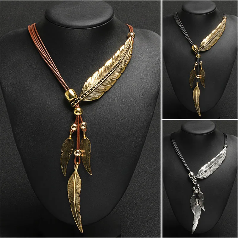 

New Bohemian Style Rope Chain Leaf Feather Pattern Pendant For Women Fine Jewelry Collares Statement Necklace EIG88