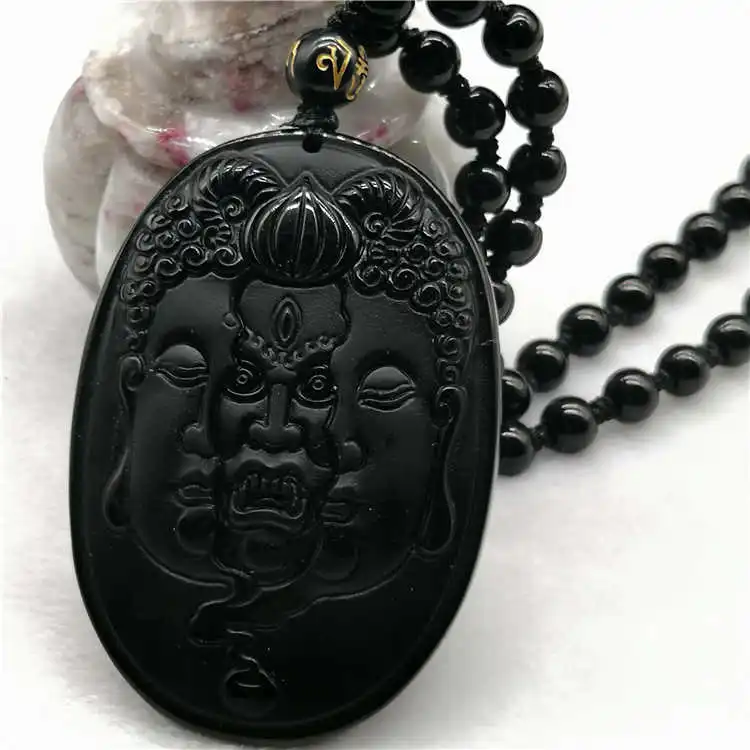 Натуральный черный обсидиан ювелирные изделия кулон ожерелье резной между