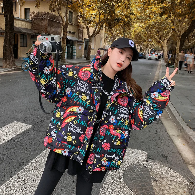 Women Coats and Jackets Winter Graffiti Female New 2021 Thicken Short Ladies Cotton Clothes