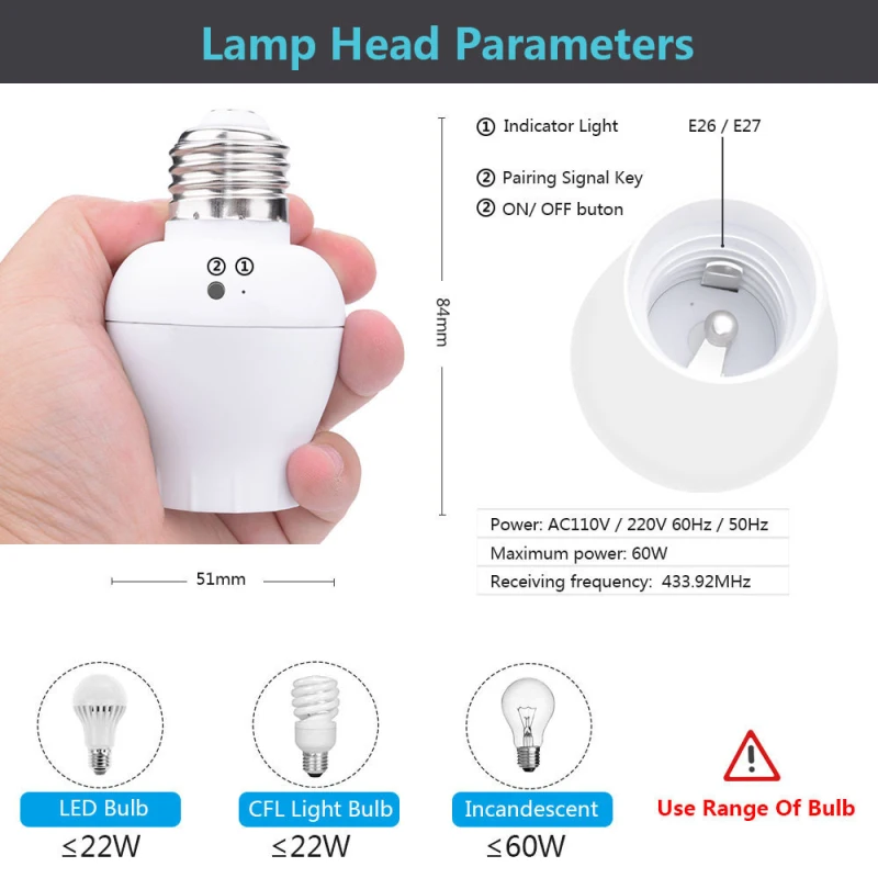 

E26 E27 Lamp holder bulb smart Switch Light touch Wireless 1/2/3 gang 433Mhz RF Remote Control Wall Panel home 110V 220V