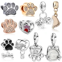 cute pet dog palm pendant diy fit original pan charms bracelet women clear cz cartoon cat paw print beads for jewelry making