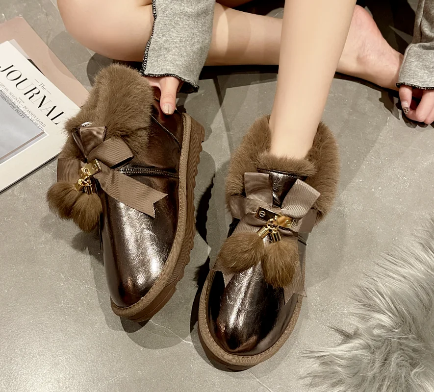 

Women Platform Snow Boots Lady Sweet Ribbon Bow-knot Booties Ladies Plush Warm Ankle Boots Fashion Women's Winter Boots