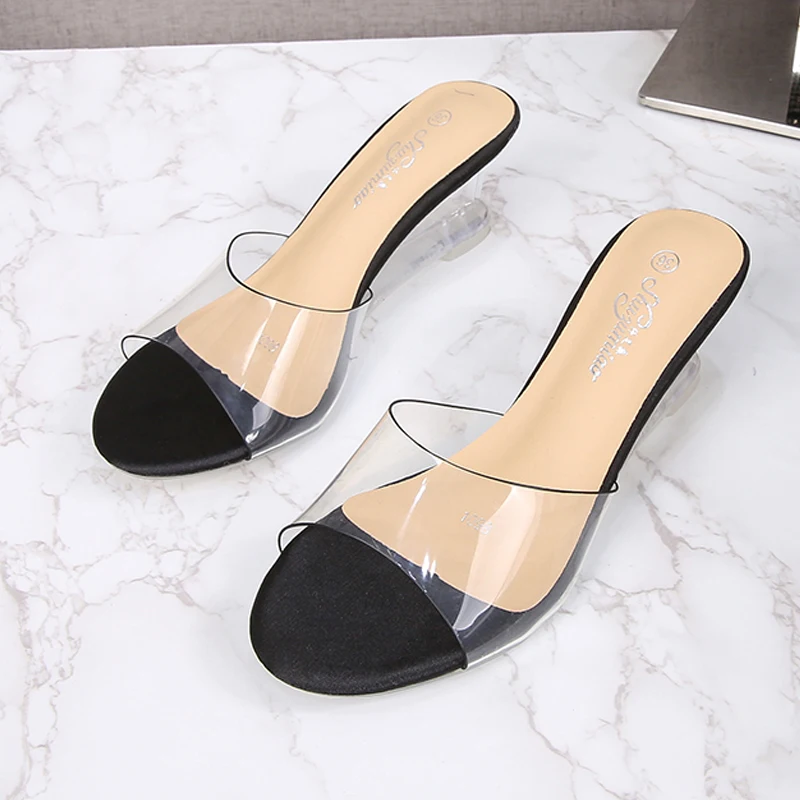

PVC Jelly Transparent High Heels Women's Shoes Summer Round Open Toe Slip-On Mules Sexy Crystal Wedges Ladies Slippers 6CM