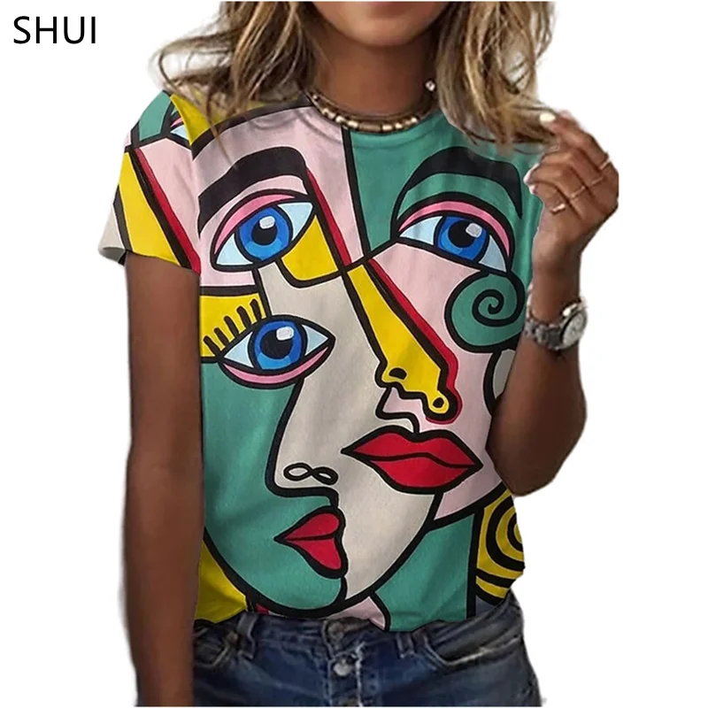 

2021 New Impressionist Graffiti Abstract 3D Printing Ladies Blouse Fashion Summer Round Neck Sexy Casual Loose Women's Clothing