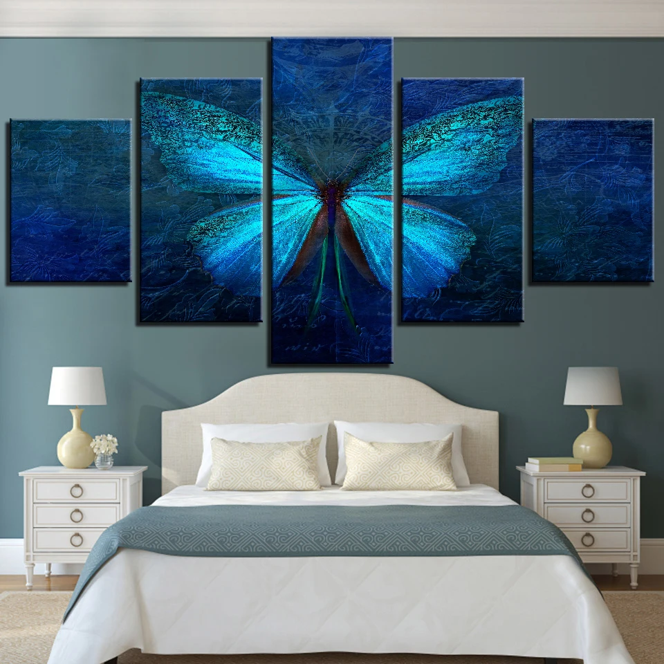 Modern Painting 5 Pieces Combined Insect Ancient Posters Blue Butterfly Canvas Printings Wall Picture for Living Room/Home Decor | Дом и сад