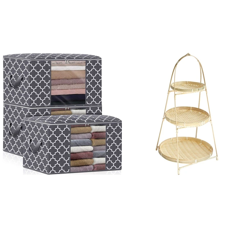 Baskets Tier Rack Three Layers & Storage Bags 100L 3-Pack Large Blanket Clothes Organization and Storage Containers