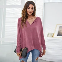 spring fall new womens fashion v neck t shirt female casual solid color batwing sleeve tops lady loose plus size pullover shirt