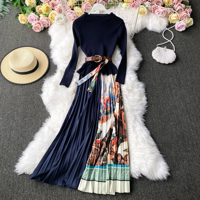 

Women's spring autumn runway fashion kniited patchwork long pleated dress female long sleeve chic travel slim beach dress TB1512