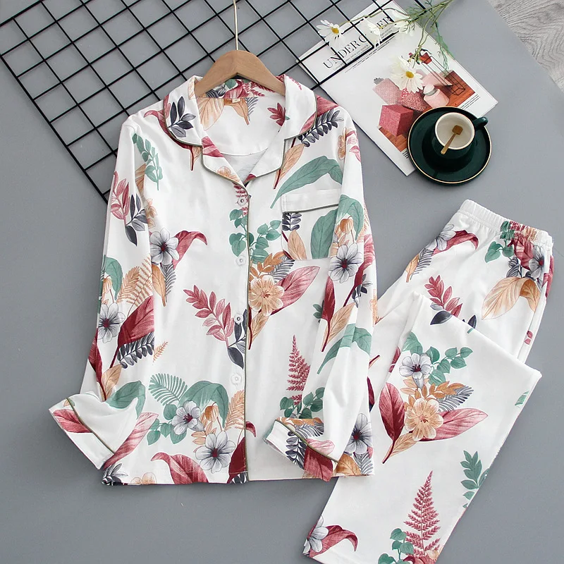 

Женский Трикотажный Хлопковый пижамный комплект, Осенний тонкий кардиган с длинным рукавом и V-образным вырезом, домашняя одежда с цветочны...