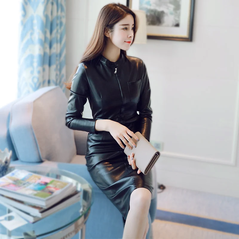 Женское модное платье из искусственной кожи с длинным рукавом женское