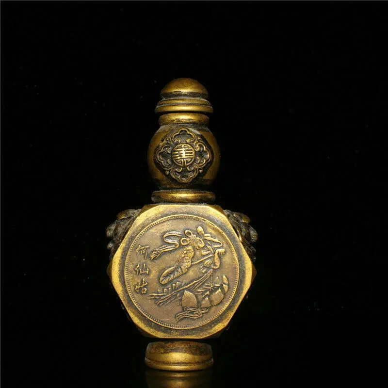 

3.94" Chinese pure copper gilt Hand carving He Xian gu pattern snuff bottle