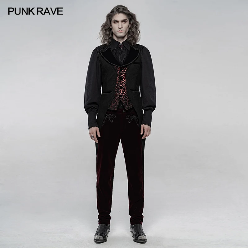 PUNK RAVE Men's Gothic Gorgeous Classic Texture Swallowtail Mid-length Velvet Vest Party Club Elegant Dress Waistcoat