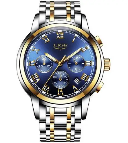 Gold Blue LIGE, новинка, часы для мужчин, люксовый бренд, хронограф, мужские спортивные часы, водонепроницаемые, все стали, кварцевые, мужские часы, Relogio Masculino+ коробка - Цвет: Gold Blue