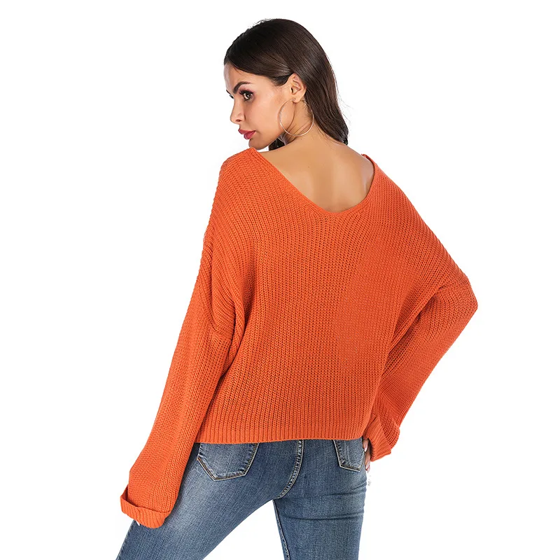 

Autumn Winter Casual Knitted Orange Color Sweater Patchwork V Neck Loose Size S-xl Women Pullover Jl-bfz6133