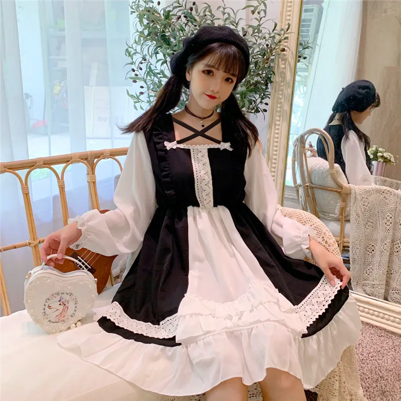 Kawaii/платье в японском стиле «Лолита»; мягкое милое Повседневное платье для девочек с короткими рукавами; студенческое летнее платье