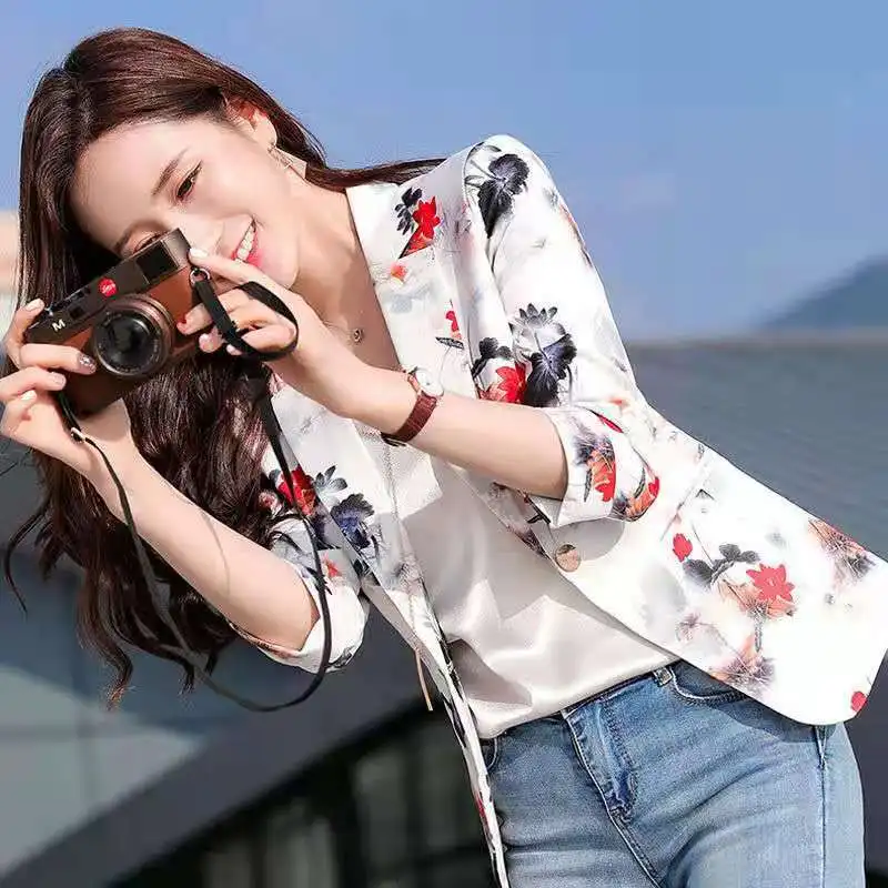 

Floral Print Sunscreen Slim Cardigan Thin Blazers for Women Coat Elegant Three Quarter Office Lady Nice Autumn Jacket Women Pop