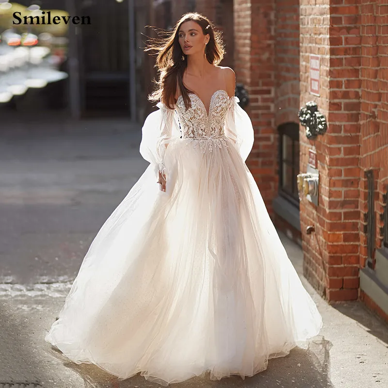 

Женское свадебное платье с аппликацией Smileven, кружевное платье принцессы цвета слоновой кости с пышными рукавами, платье для свадебной вечеринки, 2022