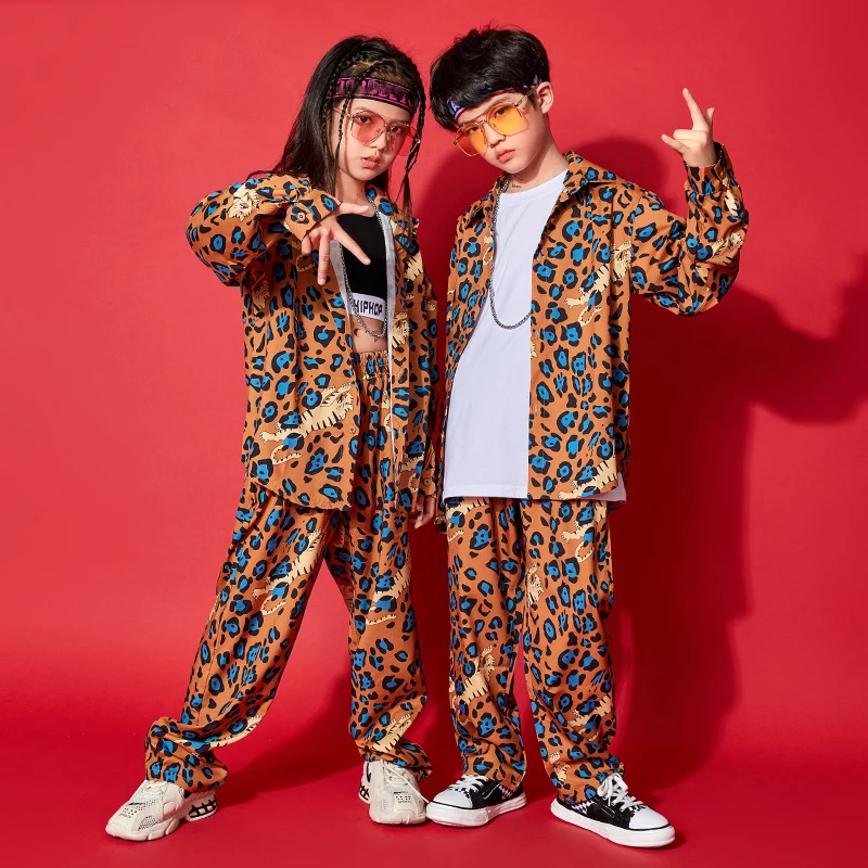 

New Girls Modern Dance Costumes Long Sleeve Leopard Print Loose Hiphop Suit Rave Clothes Boys Jazz Hip Hop Dance Clothes DQS6471