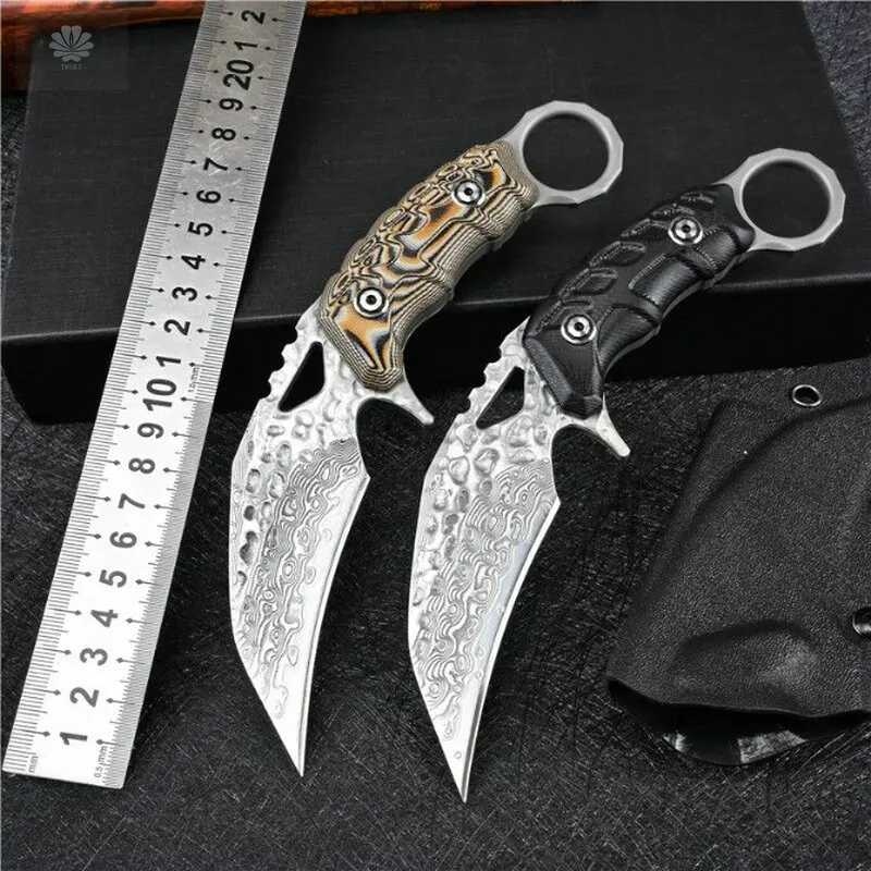 TRSKT VG10 Damascus CS GO Counter Strike Claw Karambit Knife With K Sheath Real Sharpen Camping Hunting Knives EDC Dropshipping