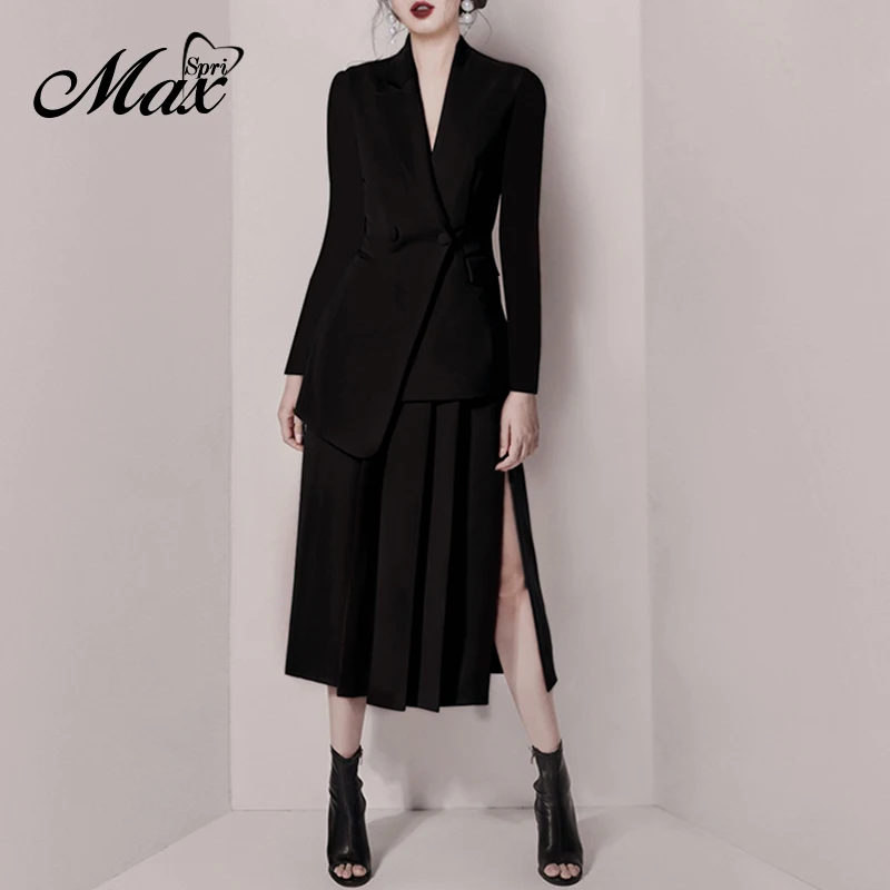 

Max Spri Women Fashion Long Sleeve V Neck Blazer Split Pleated Skirt Black Two-Piece Set 2019 Autumn New Office Lady Suits