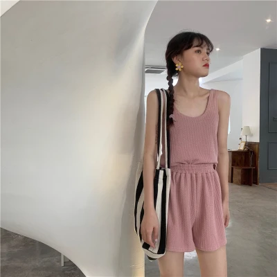 2PCS Pink Vest Set Комплект из двух предметов, розовый наряд, два топа и штаны, свободные байкерские шорты+ Спортивная футболка, комплект из 3 предметов, спортивный костюм, летняя одежда для женщин - Цвет: 2PCS Pink Vest Set