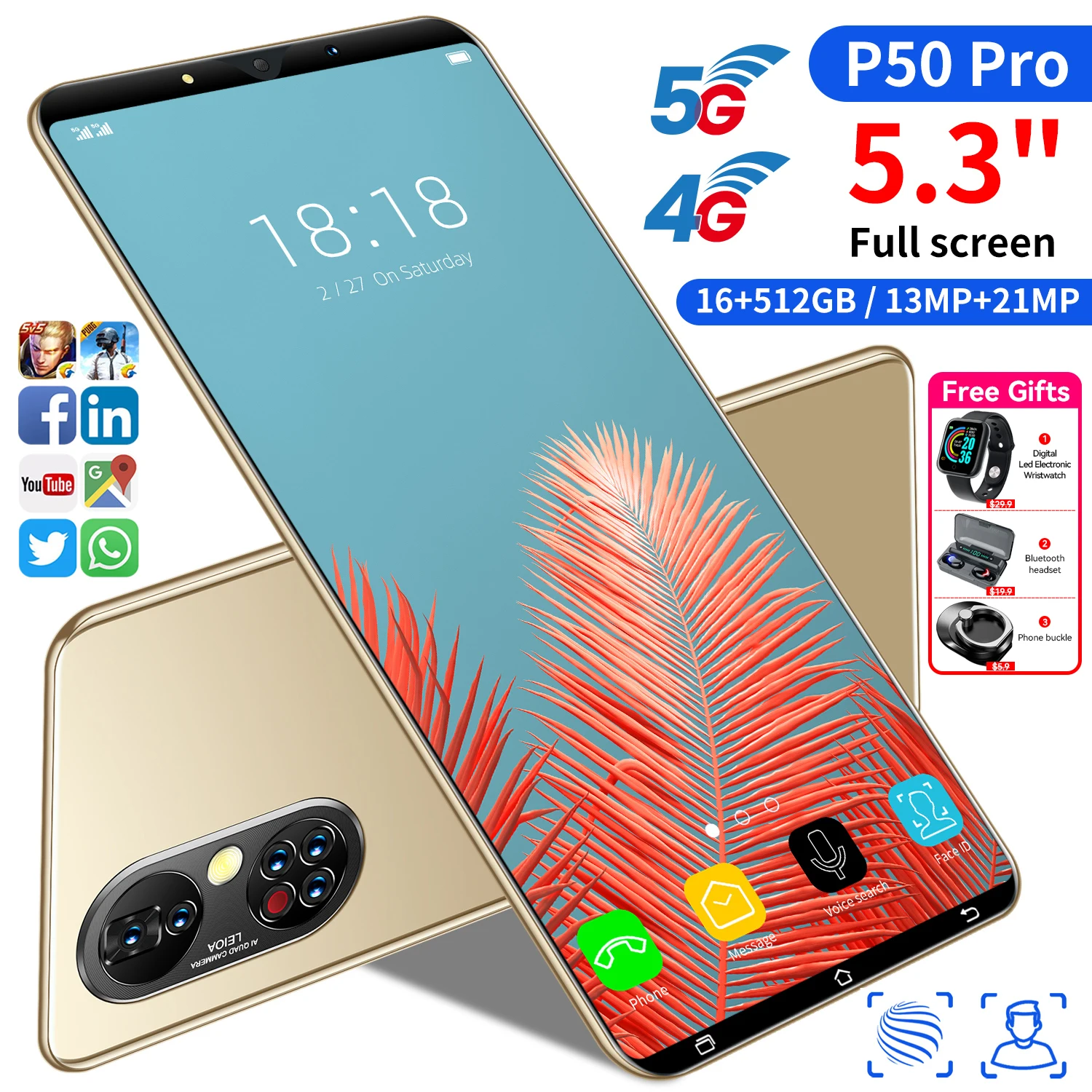 

Global Version HD Display P50pro 5.3-inch 5G Smartphone 12+512GB 4950mAh Battery Android11 Phone Google GPS WiFi Mobilephone