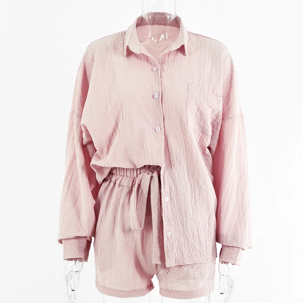 

2021 Spring And Summer Women's Suit Loose Casual Tops & Shorts 2-piece Suit Fashion Solid Pocket Button Ladies Two-piece Suit