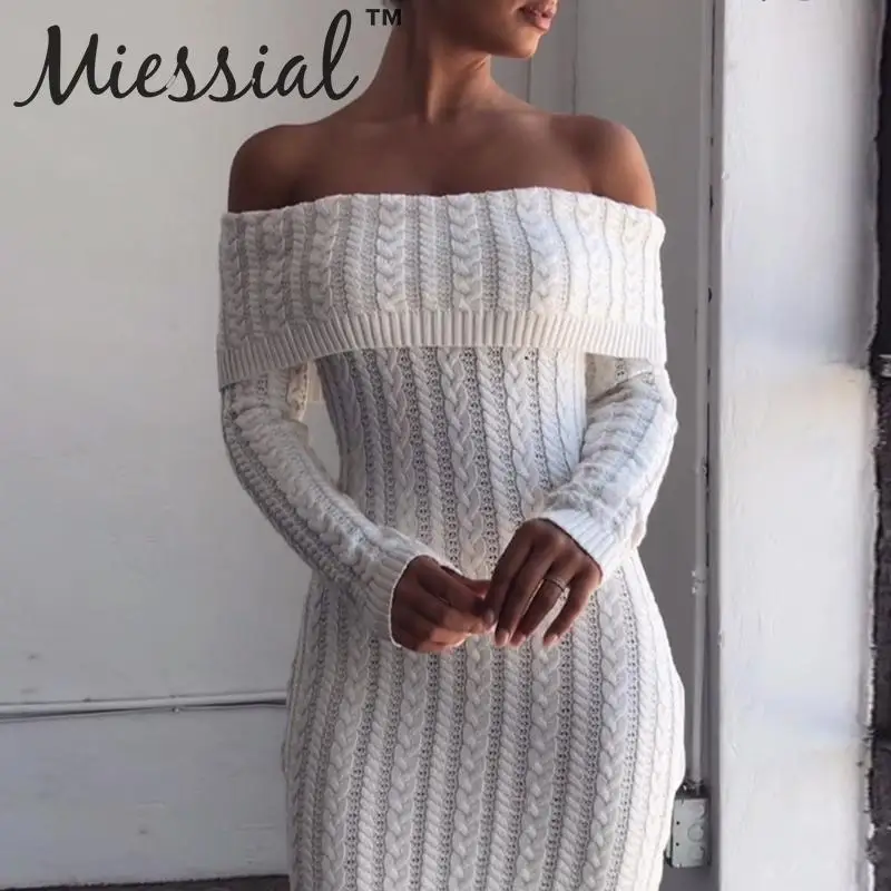 Miessial белое трикотажное облегающее мини-платье с открытыми плечами женское