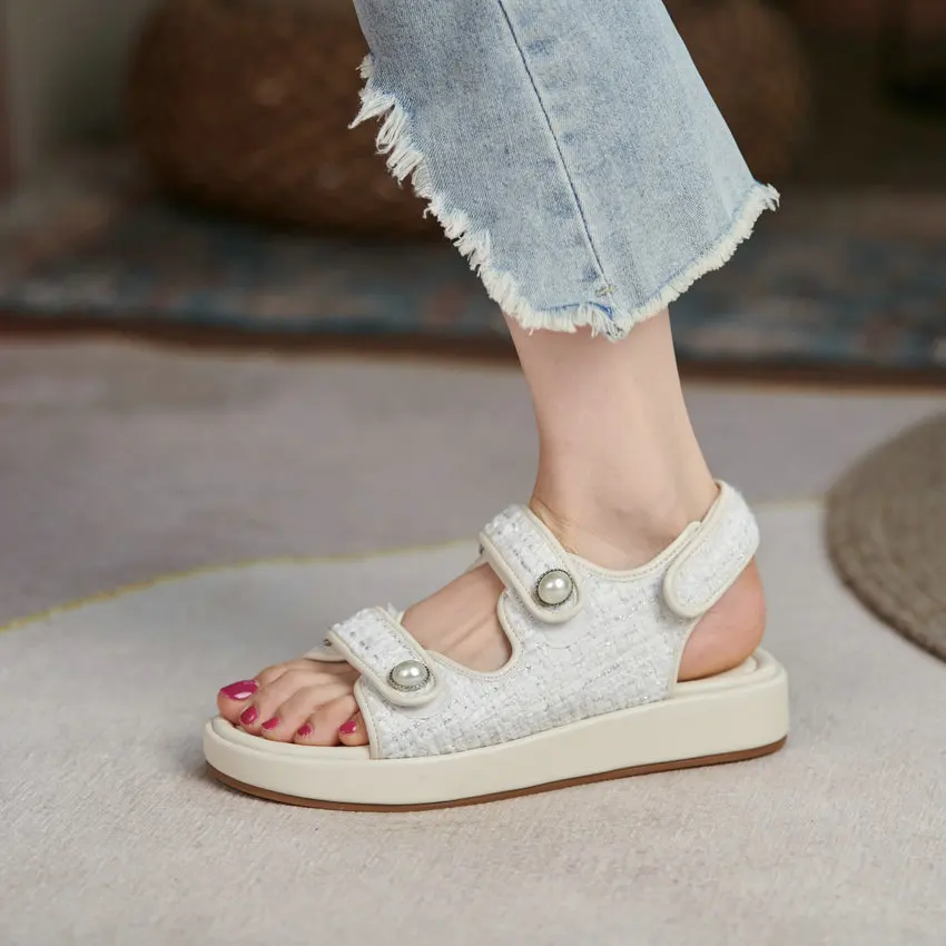 

QUTAA 2021 Genuine Leather Cloth Summer Elegant Women Shoes Open Toe Wedge Heel Hook&Loop Slingback Female Sandals Size 34-39